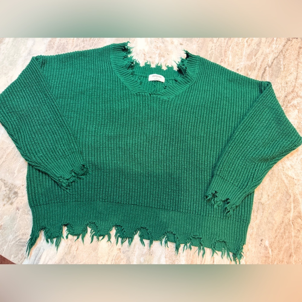 Zenana Green Chunky Knit Sweater Distressed Hem Oversized Size L